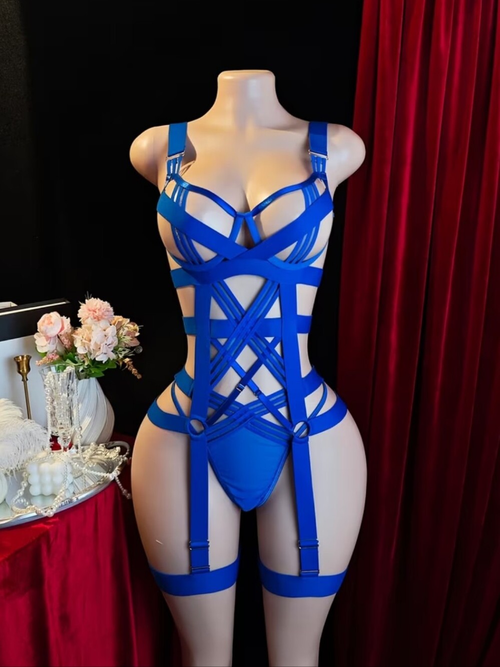 2pc Strappy Front - Cutout Back Cobalt Blue Lingerie Set W/Thigh Garters (L) 💙
